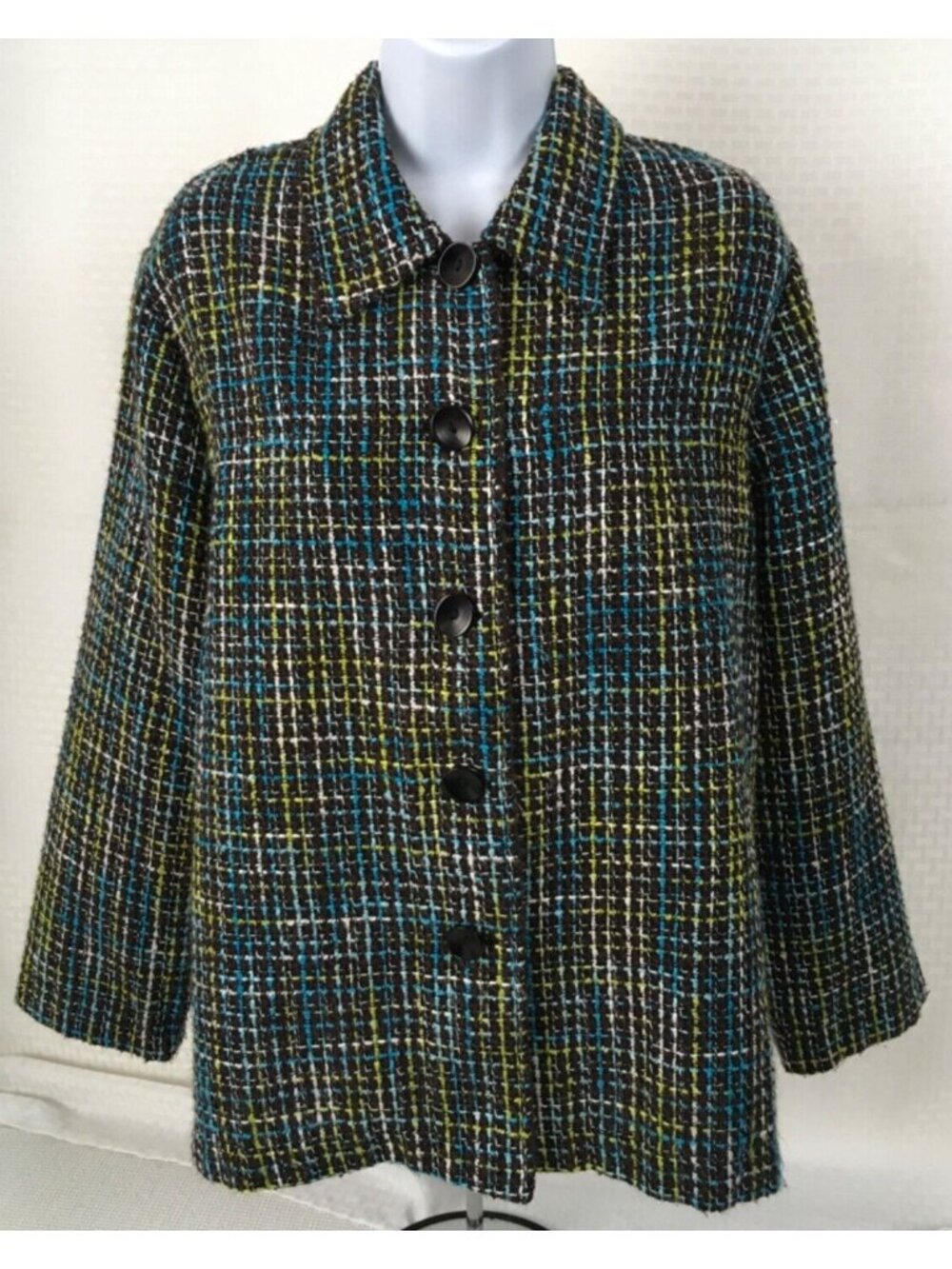 Apparenza Jacket Size L Black Green Blue Weave Pattern Long Sleeves Button Down